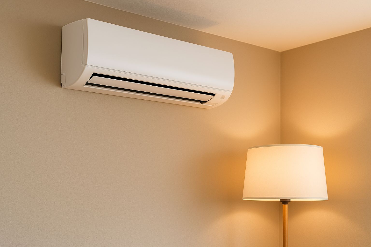 Modern luftvärmepump installerad högt på en vit vägg i ett ljust vardagsrum