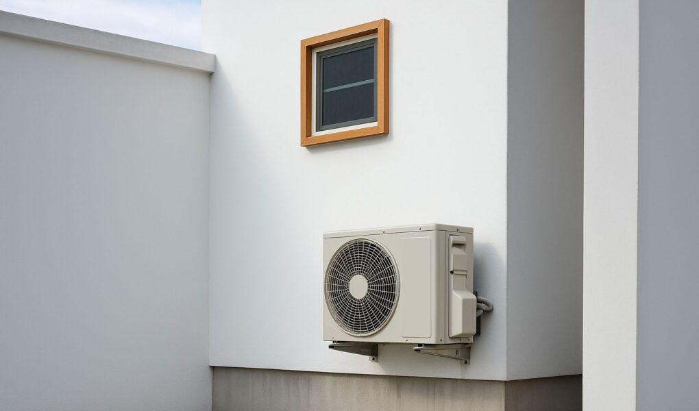 Utomhusdel till luft-luftvärmepump monterad på fasad