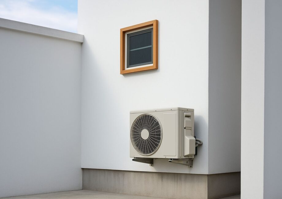 Utomhusdel till luft-luftvärmepump monterad på fasad